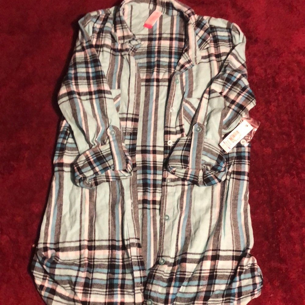 Blue, white, grey, and black plaid flannel shirt